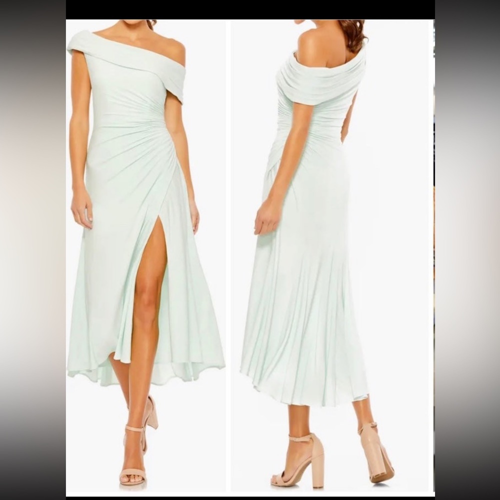 Foldover Ruched One-Shoulder Chiffon Midi Dress MAC DUGGAL NEW